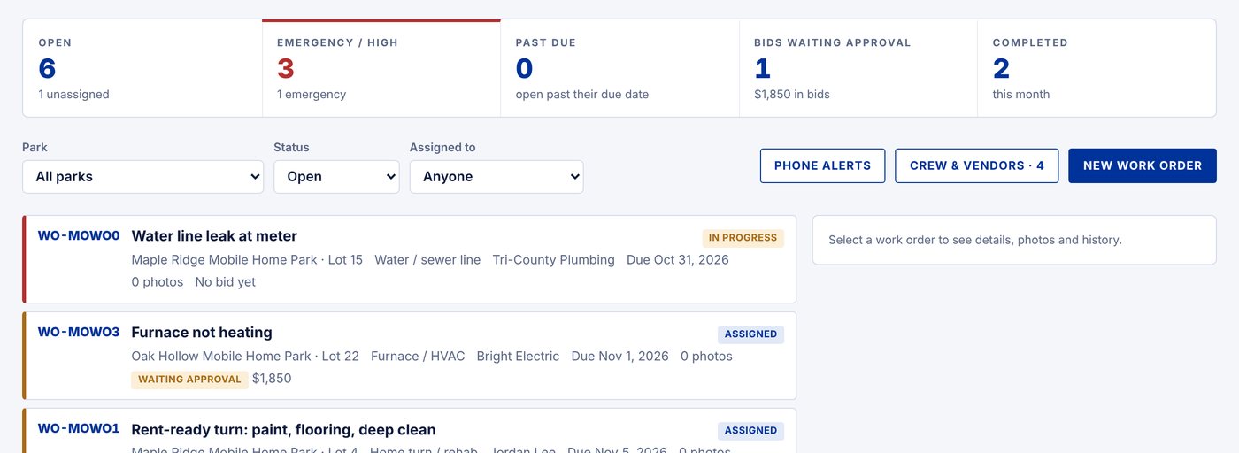Work orders view with open, emergency, past due and completed counts and a list of jobs with status